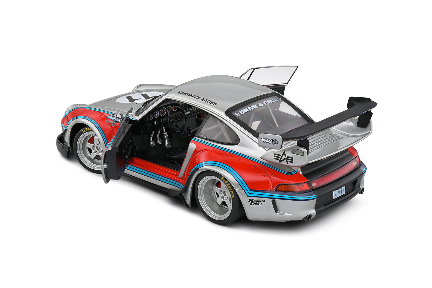 Solido 2020 Porsche 993 RWB Bodykit No 11 Martini Racing Livery Coupe Silver Red Blue 1:18