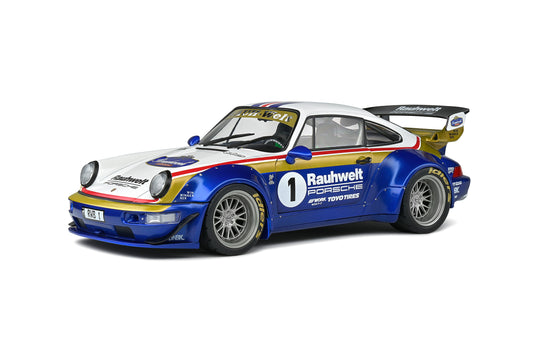 Solido 2022 Porsche 964 RWB Bodykit No 1 Rauhwelt Racing Livery Coupe Blue and White 1:18
