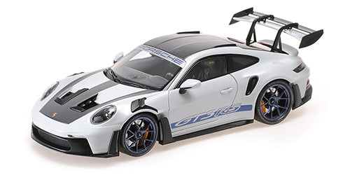 Minichamps 2022 Porsche 911 992 GT3 RS Grey Metallic w/ Weissach Package, Blue Deco & Wheels w/ Clamshell Box 1:18 LIMITED