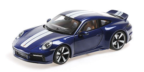 Minichamps 2022 Porsche 911 992 Sport Classic Genetian Blue w/ White Stripes, Houndstooth Interior 1:18