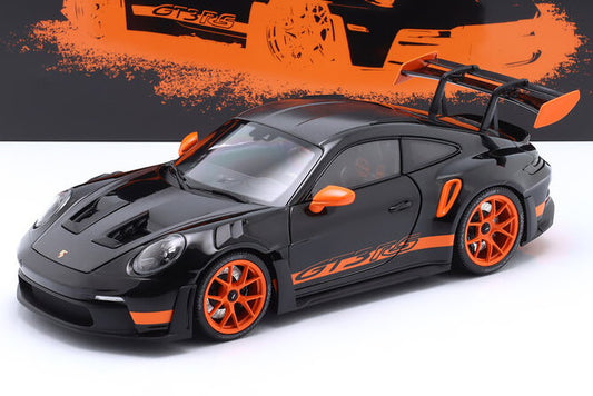 Minichamps 2022 Porsche 911 992 GT3 RS Weissach Pkg Black w/ Orange Wheels & Deco 1:18 LIMITED