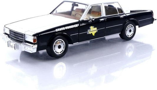 Greenlight 1987 Chevy Caprice Texas State Trooper Dept of Public Safety Cruiser Black/White 1:18