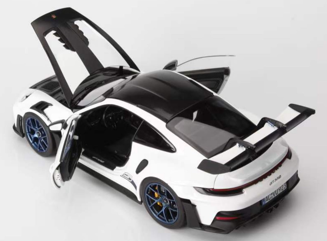 Norev 2022 Porsche 911 992 GT3 RS w/ Weissach Package White w/ Indigo Blue Wheels & Deco 1:18