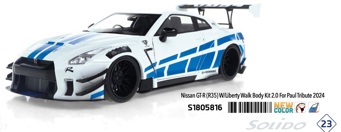 Solido 2024 Nissan GT-R (R35) W/ Liberty Walk Body Kit 2.0 For Paul Tribute White 1:18