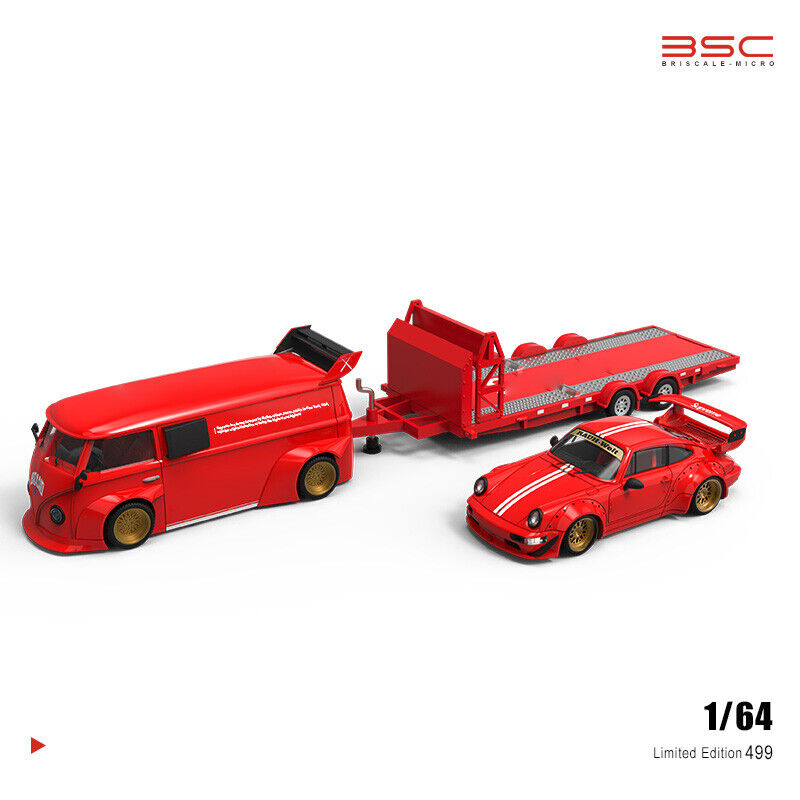BSC (BriscaleMicro) T1 Van Camper, Trailer, & Porsche 911 964 RWB Set Supreme Livery Red 1:64