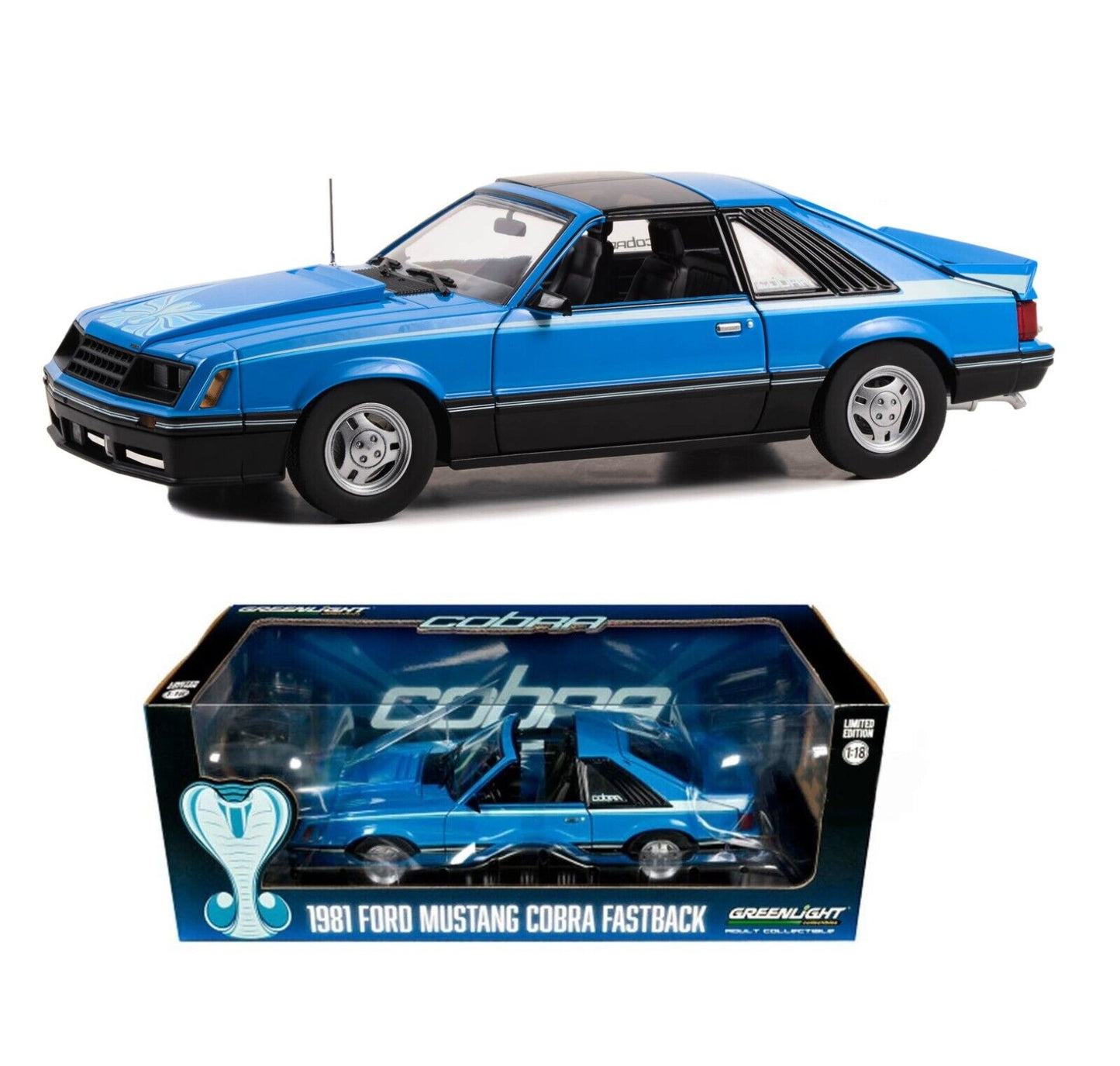 Greenlight 1981 Ford Mustang Cobra T-Top Medium Blue w/ Light Blue Cobra Hood Graphics 1:18