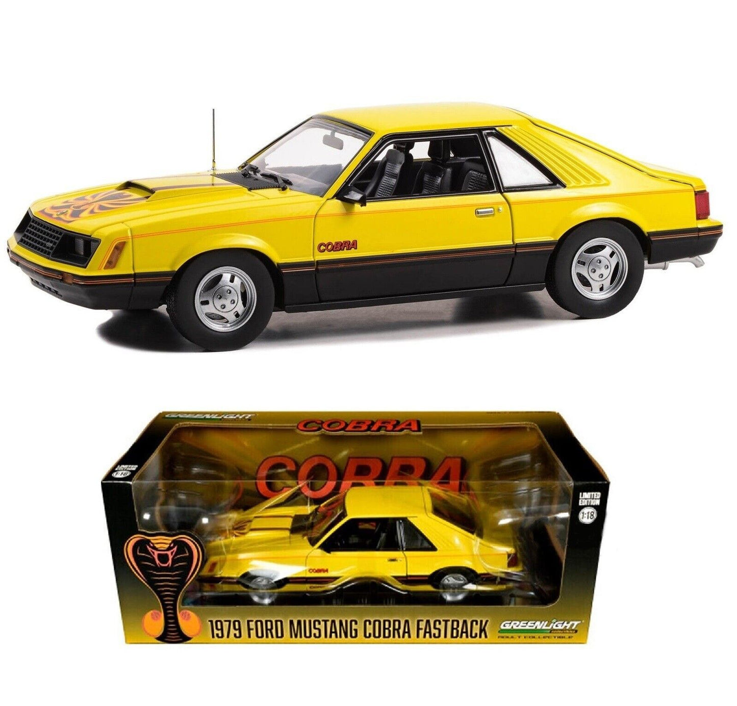 Greenlight 1979 Ford Mustang Cobra Fastback Bright Yellow w/ Black Hood 1:18
