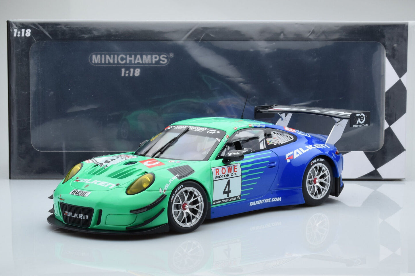 Minichamps 2018 Porsche 911 991 GT3 R Team Falken Motorsports No 4 Bachler Ragginger Winner VLN 6 1:18