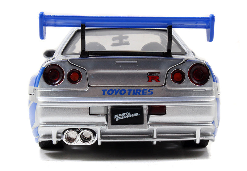 Brian's Nissan Skyline GT-R (R34) in Candy Silver with Blue Stripes - 2 Fast 2 Furious 1:24